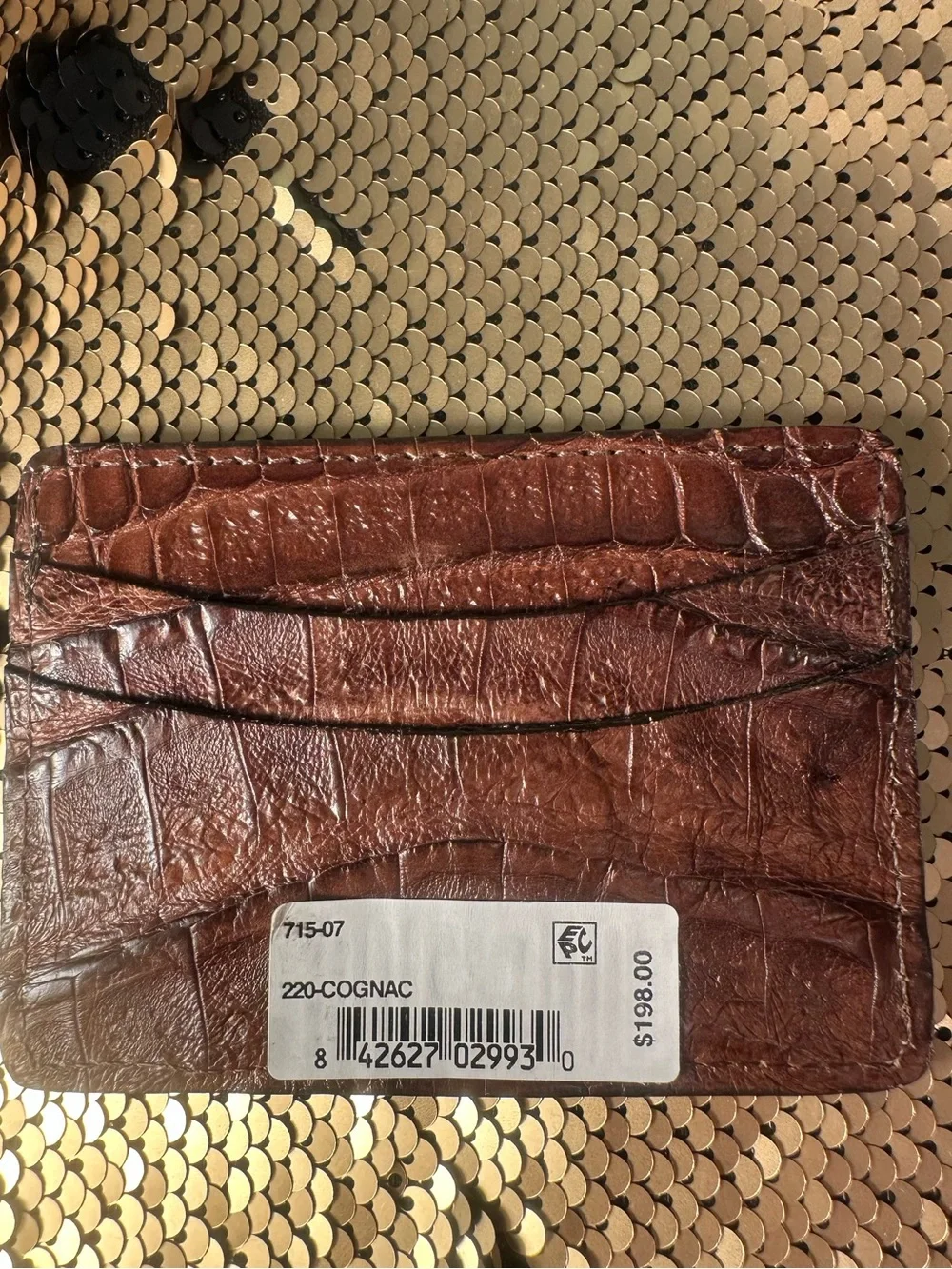 NOS Vintage Saks Fifth Avenue Caiman Crocodile Card Holder Cognac - Made in USA
